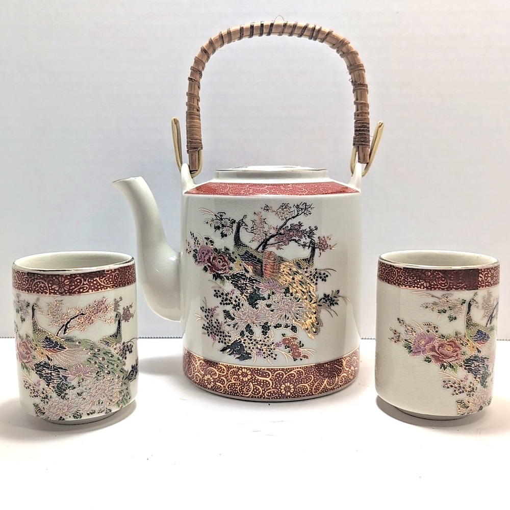 VTG‎ Satsuma Tea Set Porcelain Japan Paradise Birds w/ Wicker Gold 2 Cups - Rare